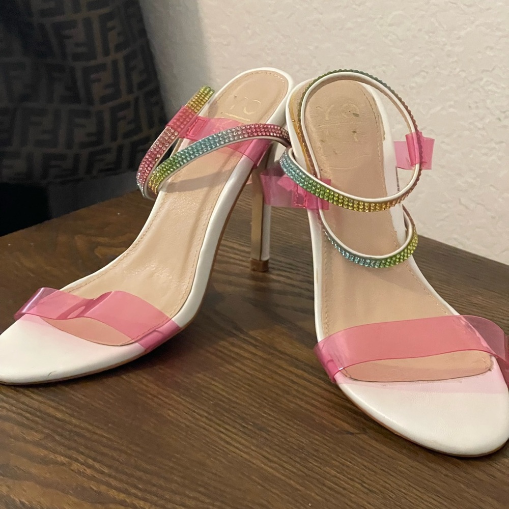 Ankle strap rainbow jeweled heels